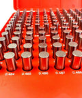 Pin Gauge Set 0.061 To 0.250 Inches, 190 Piece, No Certificate, Pro Grade Build, Fully Hardened 60-62 Rc, Class ZZ Finish, Stacked In A Heavy Duty, Dust Proof Plastic Case With Size Markings For Fast ID And Real Deal Machining Precision. red case with steel pin gauges