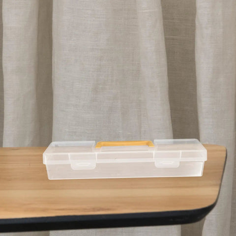 Heavy Duty Small Parts Organizer Box Built Tough Plastic Tool Caddy with Grippy Handle on wooden table.