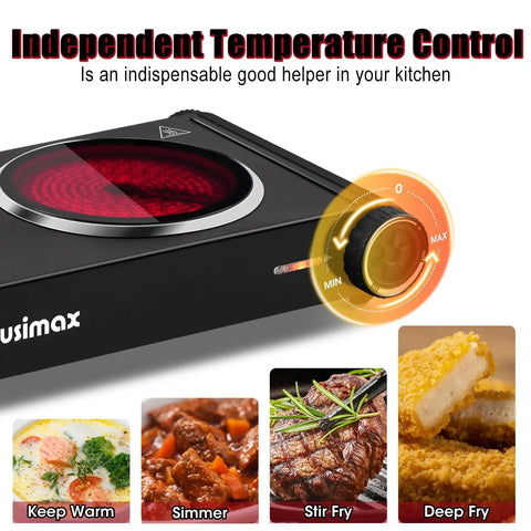 Close-up of Dual Infrared 1800W Hot Plate Portable Electric Stove With Glass Cooktop And Adjustable Temperature Control.