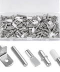 Premium Nickel Shelf Pegs Kit With 124 Pieces Of Five Smooth Styles Including L Shaped Dowel Pins And Spoon Holders For Cabinet And Glass Shelves Slick Finish Heavy Hitter Ace Setup For No Stress DIY Upgrades in assorted metal support styles.