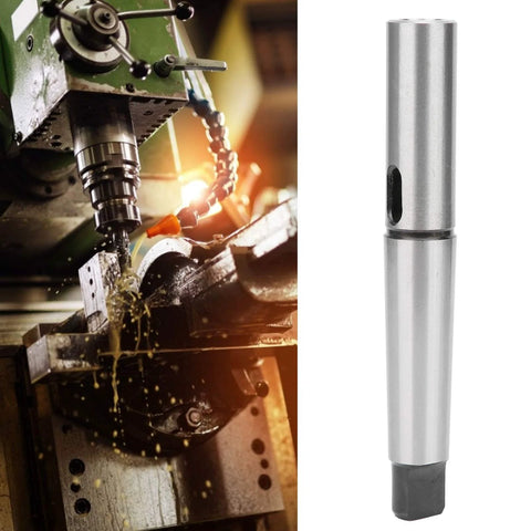 MT4–MT2 taper drill sleeve adapter in steel; left shows lathe setup, right shows the cylindrical adapter.