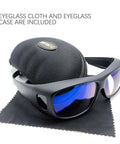 Front view of Carlany CO2 laser eye protection goggles with blue mirrored lenses and black frame, case included