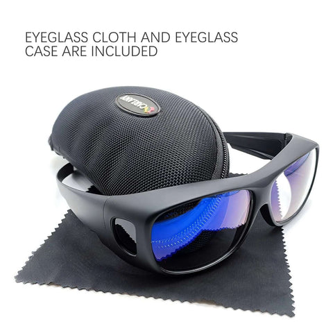 Front view of Carlany CO2 laser eye protection goggles with blue mirrored lenses and black frame, case included