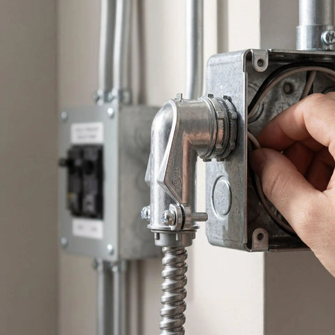 10 Piece 3/4 Inch Flexible Metal Conduit Elbow, 90 Degree Zinc Die Cast Squeeze Connector For AC MC Cables, installed next to wiring.
