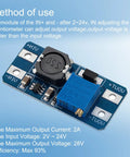 MT3608 Dope DC-DC Step Up Boost Converter Module with instructions, 2V-24V input to 5V-28V output, blue PCB board