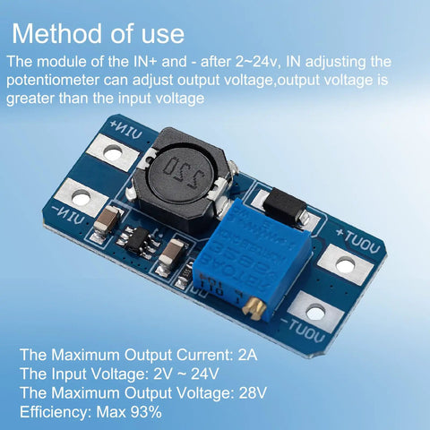 MT3608 Dope DC-DC Step Up Boost Converter Module with instructions, 2V-24V input to 5V-28V output, blue PCB board
