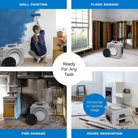 Stackable Portable Air Scrubber And Negative Air Machine With Heavy Duty 3-Stage Filtration Pre Filter Activated Carbon And HEPA Filter in various job settings.