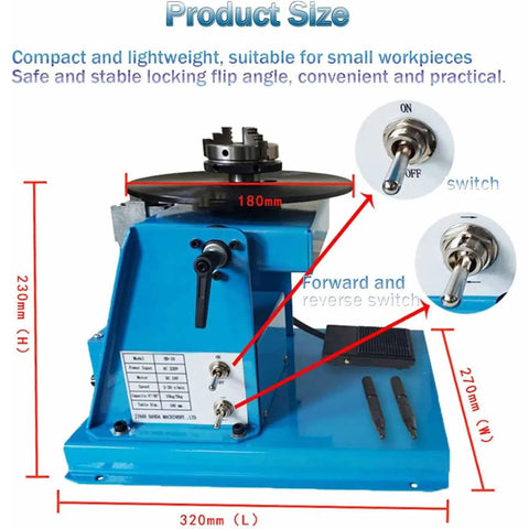 Rotary Welding Positioner Turntable With 65 Mm Chuck And Foot Pedal Control Runs Smooth For Heavy Metalwork Loads, 180mm table detail.