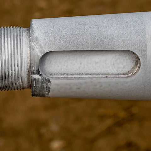 Close-up of a threaded shaft with a slot for Round Ended Feather Keys Set, 10 Pcs Stainless Steel Key Stock 6 x 6 x 30mm.