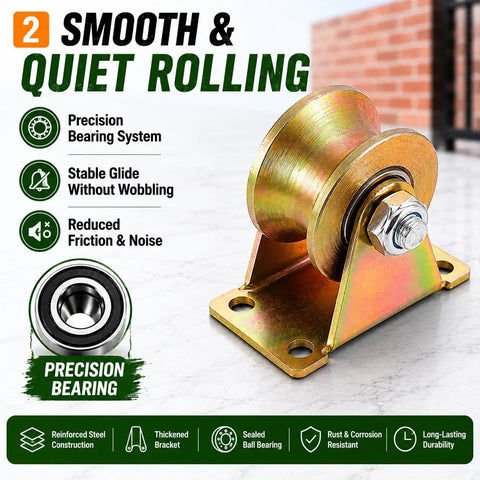 4 Inch U-Groove Pulley Wheels Ultra Heavy-Duty Rigid Casters for Square Tube Tracks, featuring precision bearing for smooth gliding.