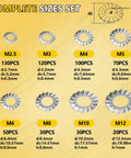 Front view of 550-piece stainless steel external-tooth star washer set in metric sizes M2.5–M12.
