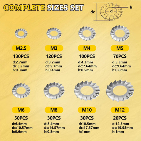 Front view of 550-piece stainless steel external-tooth star washer set in metric sizes M2.5–M12.