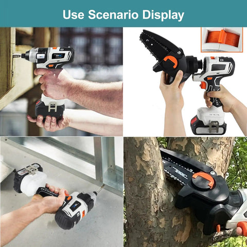 Top Shelf 10 In 1 Cordless Power Tool Combo Kit With Brushless Workhorse Motor shown in hand use on drills and saws.