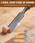 Knockout Wood Carving Kit With Thirty Five Pro Grade Tools showing 18mm rough chisel on basswood, ideal for fast removal and detail work.