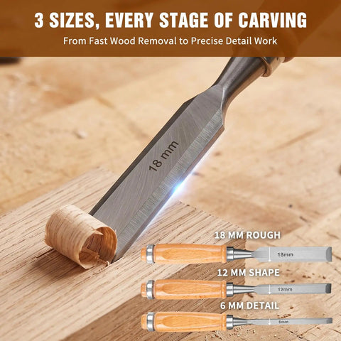 Knockout Wood Carving Kit With Thirty Five Pro Grade Tools showing 18mm rough chisel on basswood, ideal for fast removal and detail work.