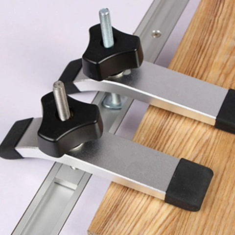 Close-up of clamps in Sturdy Stainless Steel T Track Kit For Woodworking Jigs And Fixtures, Quick Install On Flush Mounted Rails