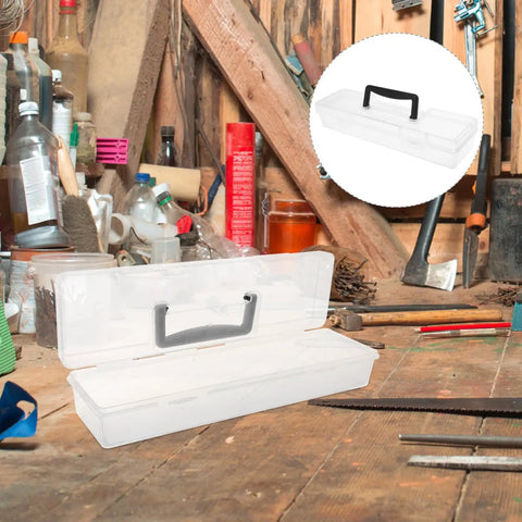 Grab And Go Portable Plastic Toolbox With Handle, large capacity craft and hardware organizer on a workbench.