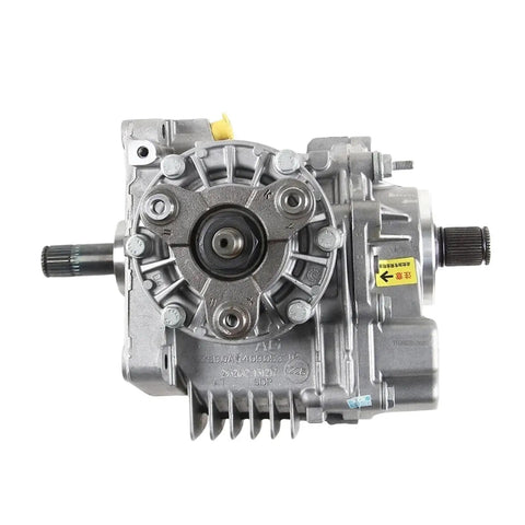 Beefed Up Rear Axle Transfer Case For All Wheel Drive VW Passat Tiguan 4Motion And Audi Q3 Quattro With Tough Torque Distribution For Superior Grip And Off Road Obstacle Handling. silver alloy steel AWD transfer case, front view
