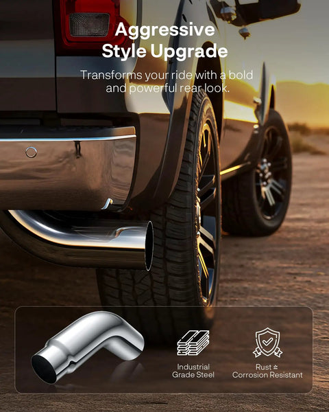 Truck with 5 to 6 inch exhaust elbow tip with clamp chrome diesel tip for pickup trucks and cars, shiny and durable.