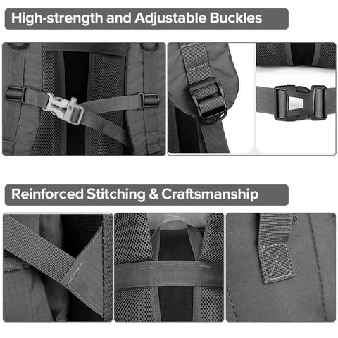 Close-up of 65 Plus 5L Hiking And Camping Backpack Water Resistant Built For Outdoor Climbing With Breathable Back Panel buckles and stitching