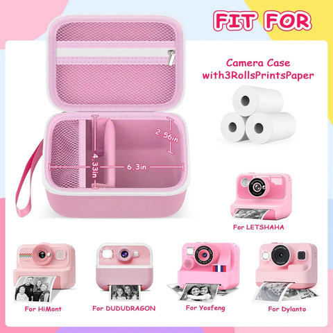 Kids Instant Print Camera Case With Universal Fit For Instax Polaroid And Other Tiny Cameras, Durable Travel Ready Storage Bag For Dylanto ESOXOFFORE DUDUDRAGON And Similar Models, Easy Grab Handle, Kid Friendly, Compact Organizer, pink case with 3 rolls
