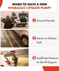 When to have a new hydraulic liftgate pump highlighted with images of a car tailgate and warning signs.