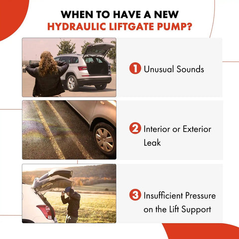 When to have a new hydraulic liftgate pump highlighted with images of a car tailgate and warning signs.