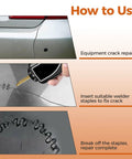 Plastic Welding Staples Repair Kit With 3000 Hot Staples in use for DIY plastic repairs showing application process on cracked plastic.