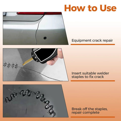 Plastic Welding Staples Repair Kit With 3000 Hot Staples in use for DIY plastic repairs showing application process on cracked plastic.