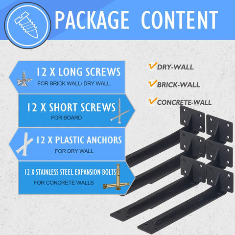 Heavy Duty Corner Shelf Brackets 14 Inch Black Steel One Fifth Inch Thick Max Load 440 Lb with screws and anchors