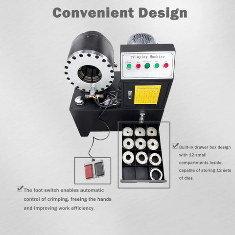 Badass Heavy Duty Electric Hose Crimper With Ironclad Steel Frame And Pro Grade Hydraulic Pipe Press for six to fifty mm tubing, showing automatic foot switch.