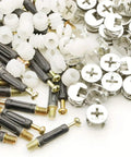 Three In One Furniture Fastener Set For Rock Solid Joints And Smooth Finish Industrial Hardware For Cabinets Drawers And Desks Heavy Duty Cam Locks And Steel Build To Kill Wobble And Keep Panels Tight, showing assorted cam locks and connectors in steel and plastic.