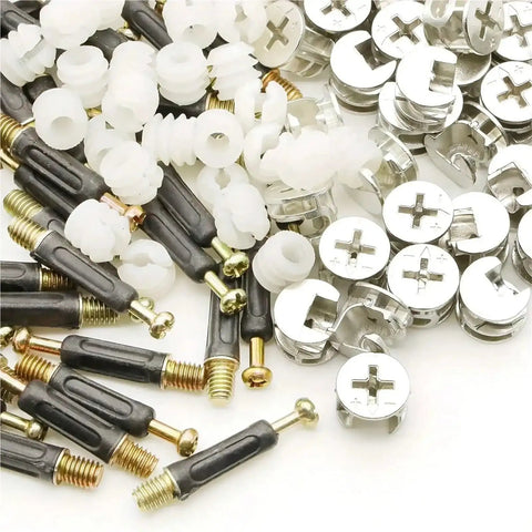 Heavy Duty 3 In 1 Cam Screw Hardware Set Quick Mount Fasteners With Smooth Finish For Rock Solid Furniture Assembly And Repair Including Dressers Shelves Tables And Cabinets Pack Of 200 assorted cam screws and locking pins on a white background.