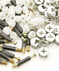 Heavy Duty Three In One Furniture Cam Locks And Drawer Pin Connectors To Keep Your Wooden Cabinets Solid As A Rock With Smooth Finish Industrial Hardware assortment of screws, cam locks, and pins.