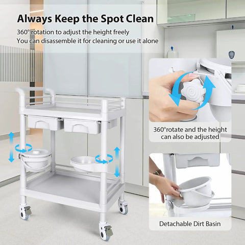 Medical Rolling Trolley Cart With 2 Shelves And Drawers, Heavy Duty Utility Cart 220 Lbs Max Load, Rotating Wheels And 2 Brakes