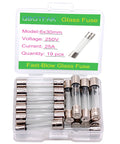 19 Pcs Fast Blow Glass Fuses 6x30mm 25A 250V Safe Electronics Repair Kit with plastic case open, showing fuses.
