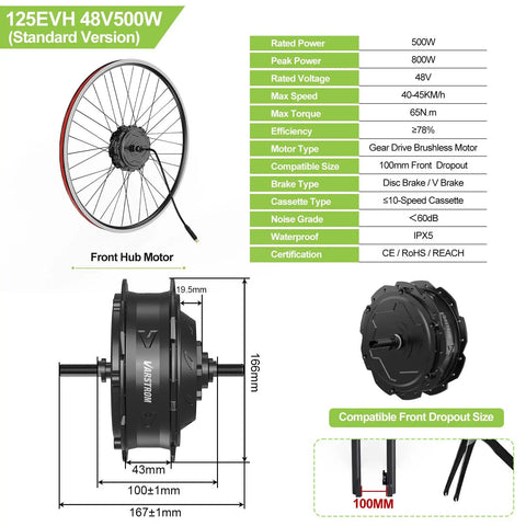 48V 500W Ebike Conversion Kit With Front Or Rear Hub Motor For 20, 26 Or 700C Wheels, Optional Display And Battery, motor specs