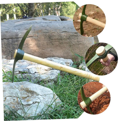 Steel Garden Pickaxe With Wooden Handle For Weeding And Soil Cultivation on grass with close-up of steel blade and wooden handle.