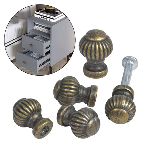Solid Zinc Alloy Mini Cabinet Knobs Bronze Vintage Drawer Pulls Antique Style Hardware For Jewelry Box Dresser Cupboard 19Mm Height With Screws, showcased on drawer.