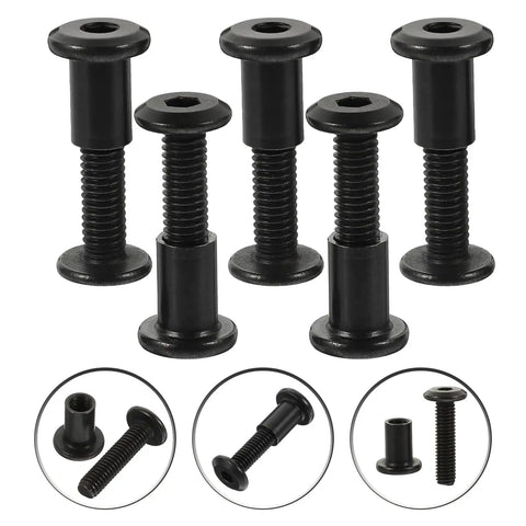 Top Shelf M6x25 Black Stainless Steel Binding Screws With Matching Cap Nuts For Rock Solid Furniture Assembly And Woodworking Projects Hardcore Performance Built To Last Hella Secure Ironclad Hold Fastener Kit, six screws with cap nuts displayed.