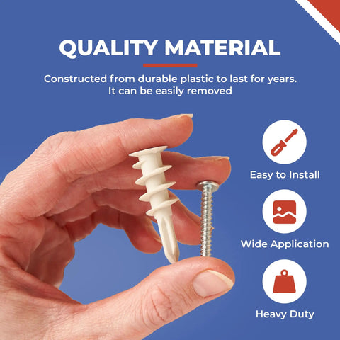 Hand holding durable plastic anchor and screw from Self Drilling Drywall Anchors With Screws Kit 20 Pack for wood or concrete walls.