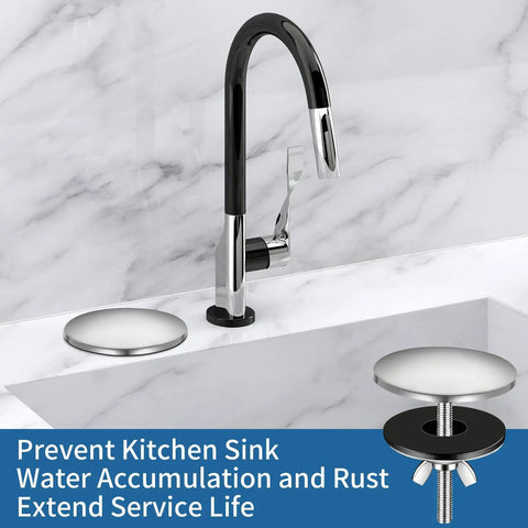 Heavy Duty 2 Inch Sink Hole Cover Featuring A Tight Leak Proof Seal For Kitchen And Bathroom Faucets mounted beside faucet in modern kitchen sink.