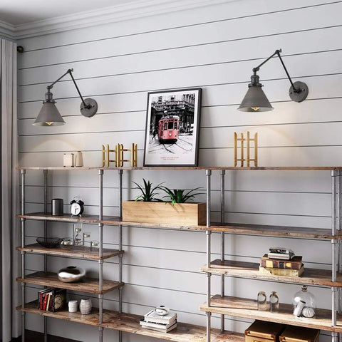 Farmhouse Style Swing Arm Wall Lamp Set 2 Pack Plug In Or Hardwired Adjustable Wall Sconce With Brushed Antique Silver Finish And Black Metal Arms in industrial living room.