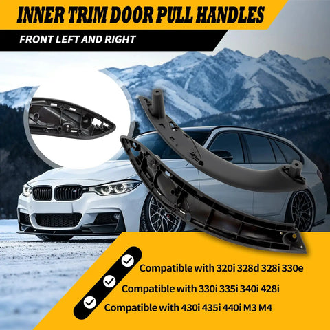 Front Left And Right Inner Door Pull Handles For BMW 3 Series F30 F31 2012 Through 2018 320i Replacement Inner Trim Door Handle Set OEM Style No Fuss Direct Fit Easy Install Long Lasting High Quality, black plastic set shown