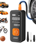 Portable Tire Inflator Air Pump With Digital Pressure Gauge And LED Light, 4X Faster Inflation To 150 PSI, shown with vehicles