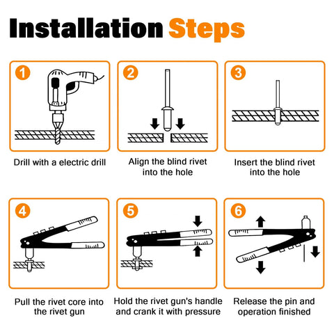 Installation steps for using 16 Sizes Aluminum Pop Rivet Kit With Blind Rivets In 3/32 1/8 5/32 3/16 1/4 Inch And Stainless Steel Washers.
