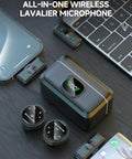 Top view of Two Pack Wireless Lavalier Microphone Set For iPhone 15 And Android USB C With Adapter Included For Creators.