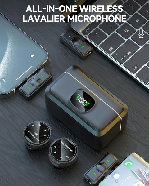 Top view of Two Pack Wireless Lavalier Microphone Set For iPhone 15 And Android USB C With Adapter Included For Creators.