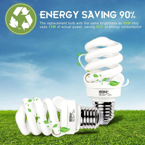 Soft White 2700K E26 Spiral CFL Light Bulbs 13W 60W Equivalent, 1040 Lumens, Non Dimmable, Medium Base, 3 Pack shown on grass