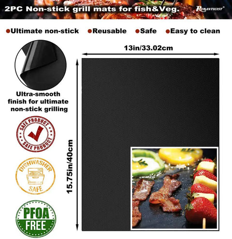 Non-stick grill mat with bacon and vegetables, showcasing ultimate grilling surface, dimensions 13x15.75 inches; reusable, safe, and PFOA free